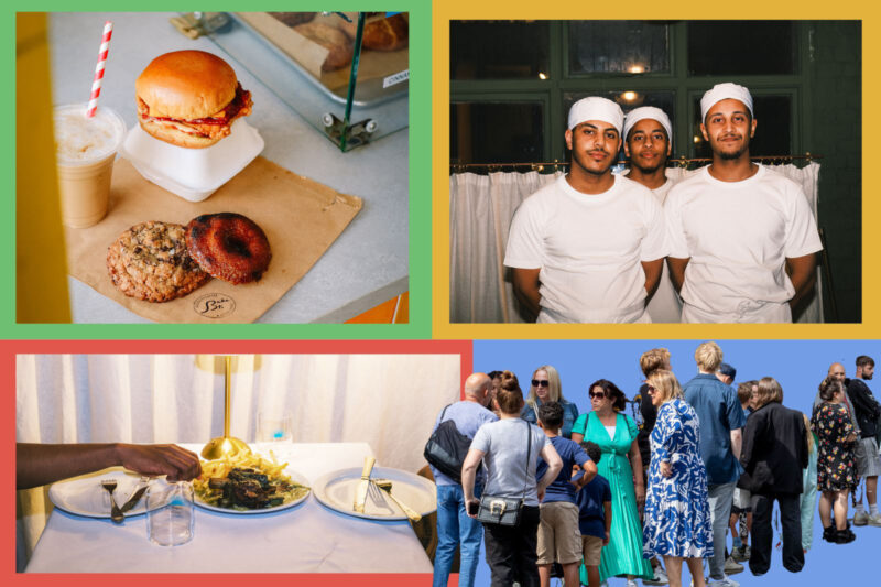 Composite image. Top right of BONE founder Abdinasir Sharif and his brothers. Top left: a burger and drink at Bake street food. Bottom left: 8 hour beef shortrib and french fries from BONE's dinner menu. Bottom right a queue of people.