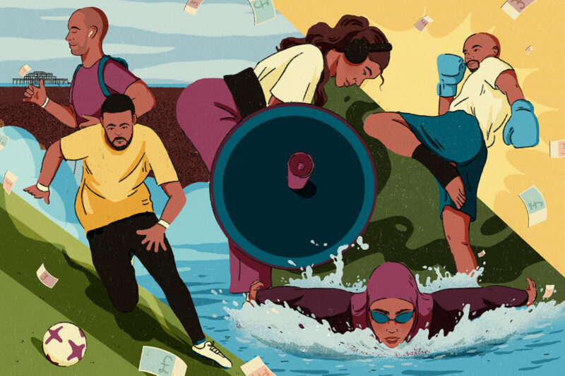 Illustration of people doing different forms of exercise. A woman in the middle is doing weightlifting, a man to her left is playing football, there are other figures running, boxing and swimming.