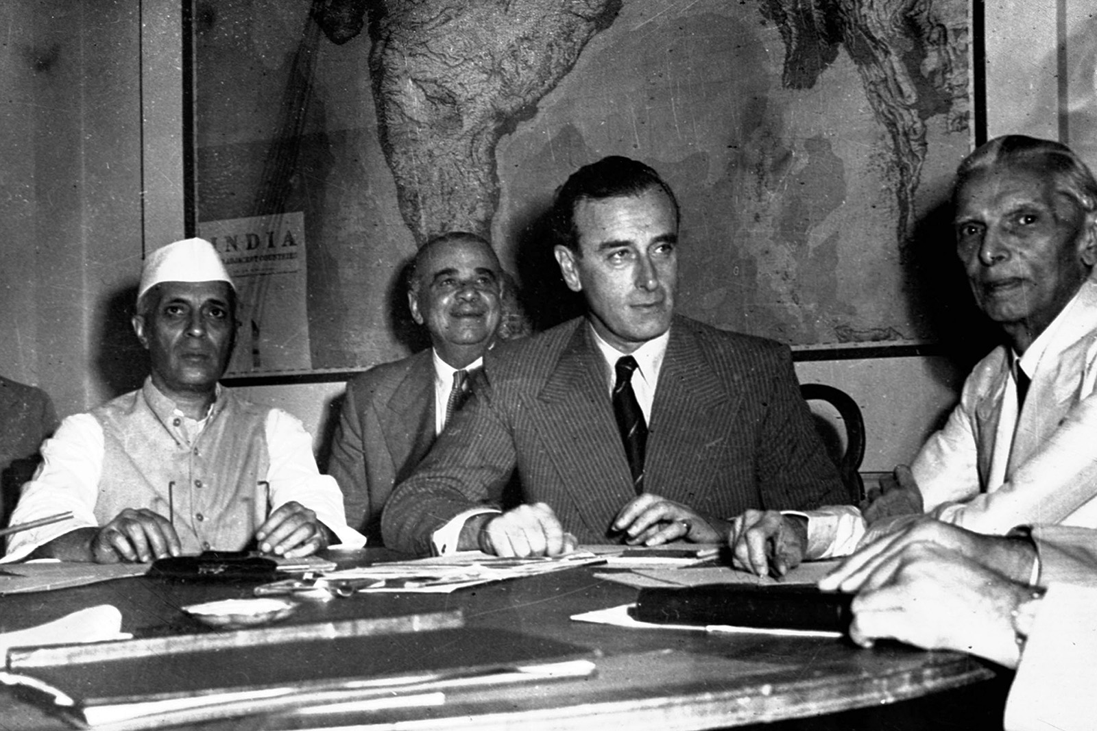 Muhammad Ali Jinnah (right) Lord Mountbatten (centre) and Jawaharlal Nehru discuss Partition.