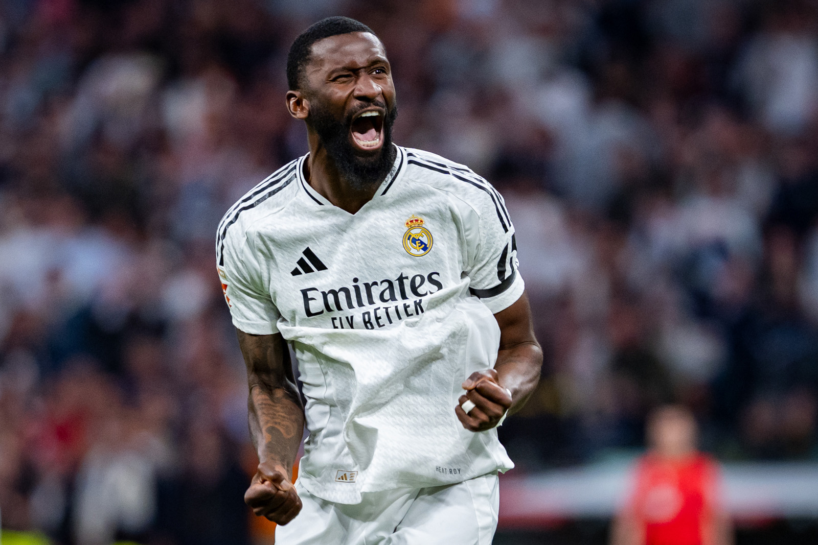 Antonio Rüdiger celebrates a goal while playing for Real Madrid in April 2025.