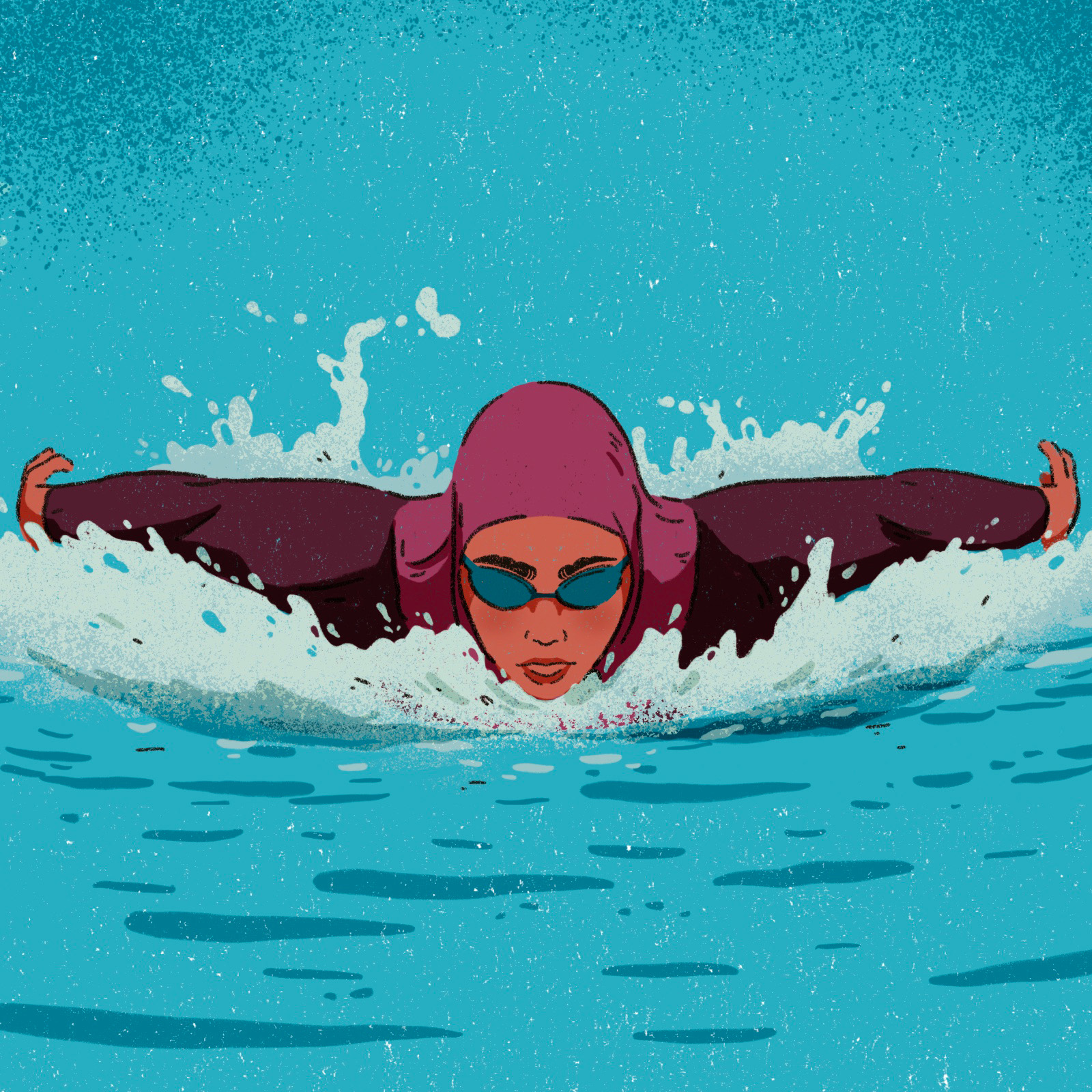 Illustration of a woman swimming, wearing cap and goggles. 