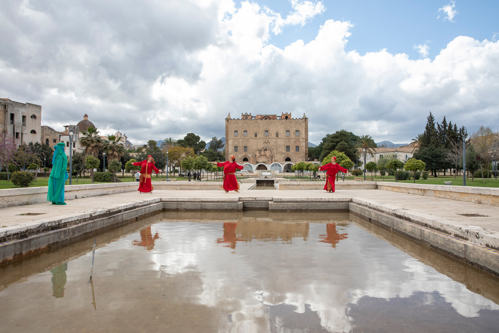 Helena Russo and her students dance in the gardens of the 12th-century Zisa Palace in Palermo, Sicily.