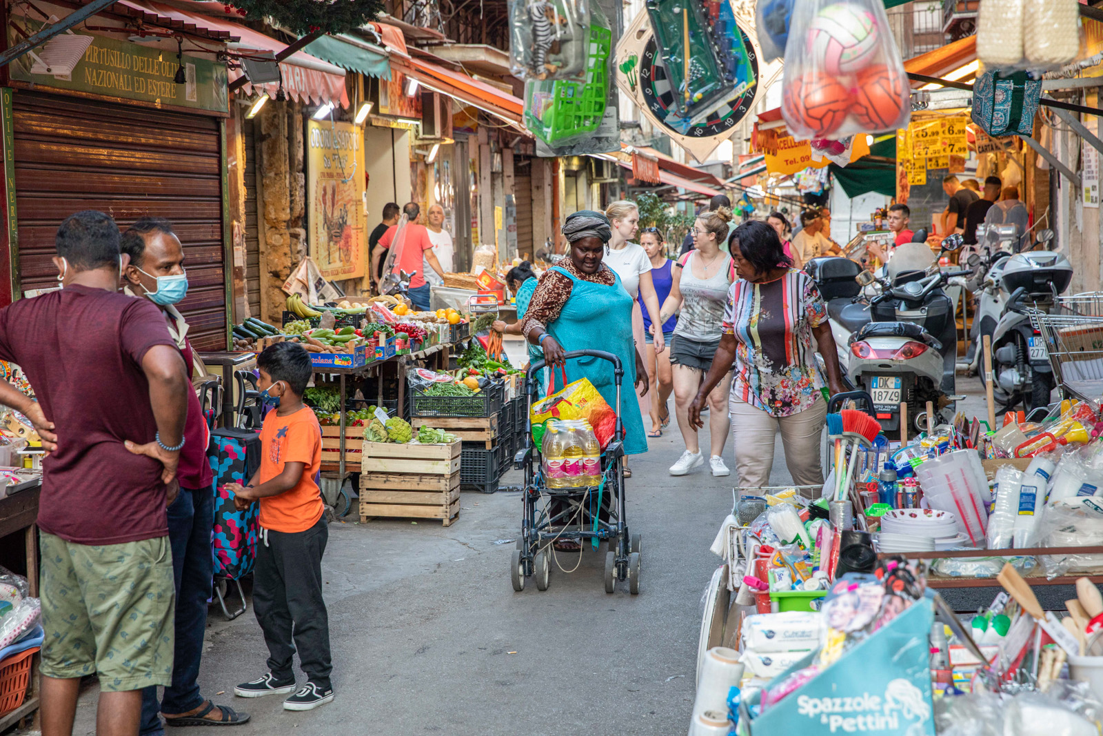 A street market in the Ballarò area of Palermo, Sicily.