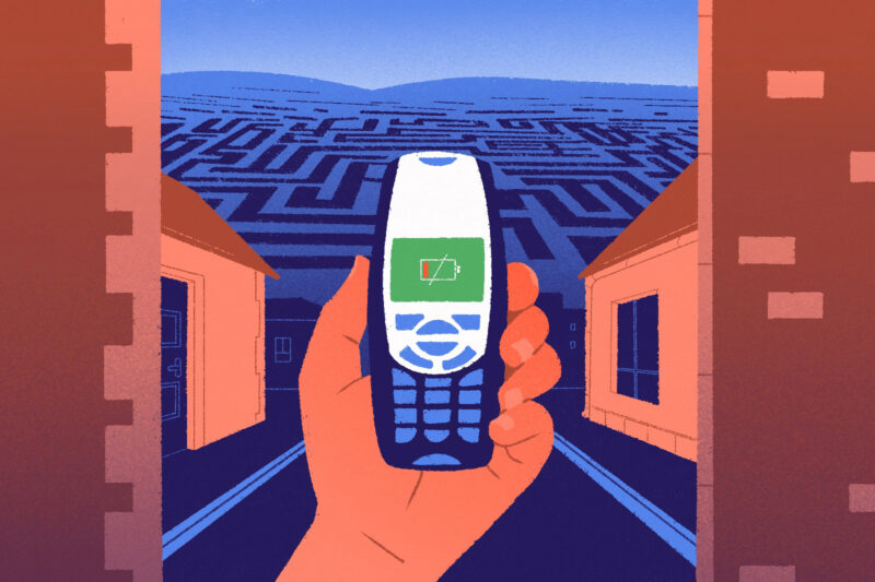 Illustration in blue and peach of hand holding an old Nokia phone.