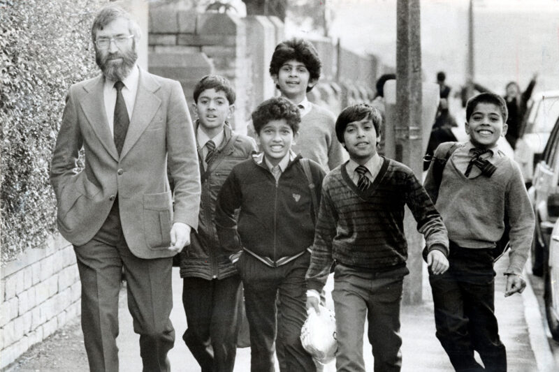 Ray Honeyford with students when he was headmaster of Drummond middle school.