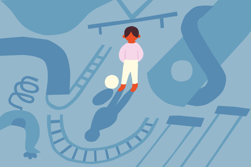 Illustration showing image of a child with a ball in colour, surrounded by images of a playground in muted blue.