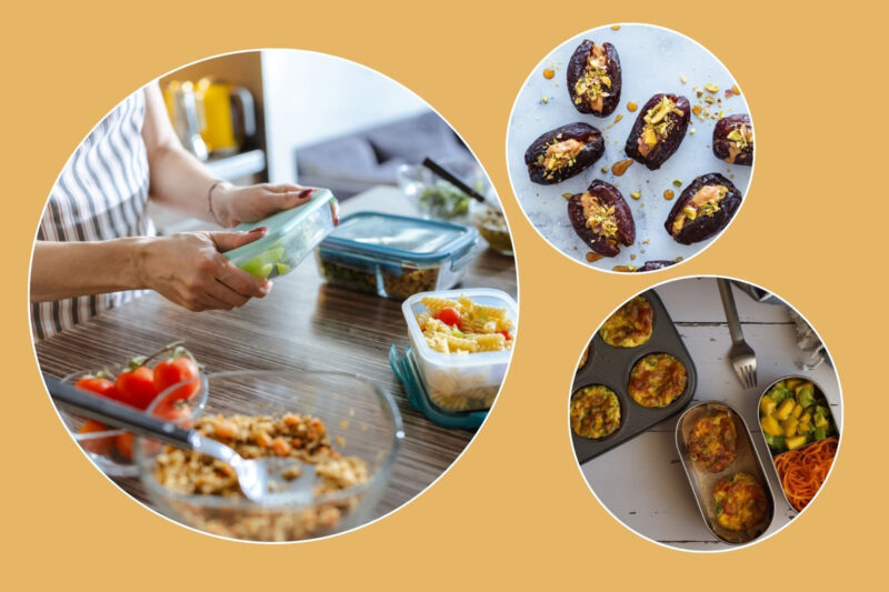 Quick and nourishing ideas to fill your children’s school lunchboxes include stuffed dates (top right) and egg cups (bottom right).