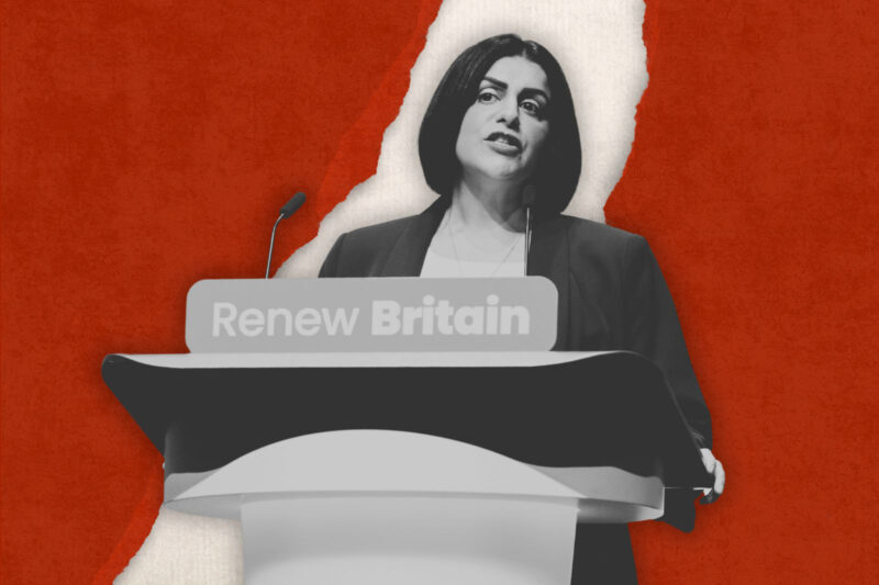 Shabana Mahmood pictured mid-speech behind a 'Renew Britain' lectern
