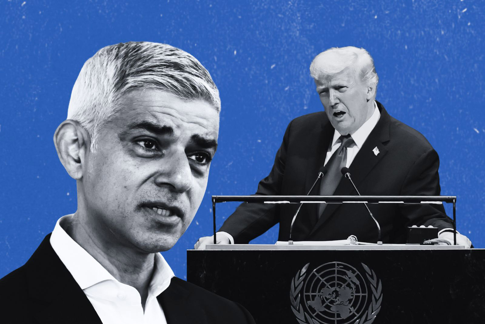 London mayor Sadiq Khan (left); Donald Trump speaking at the UN in New York on 23 September 2025. 