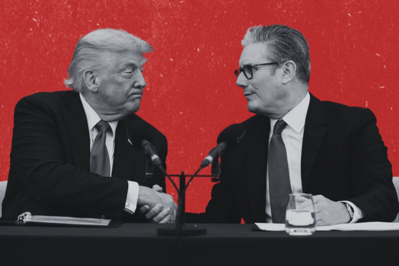 Donald Trump, left, and Keir Starmer shake hands while facing each other in a greyscale image with a cut out red background. Both wear suits and microphones are between them.