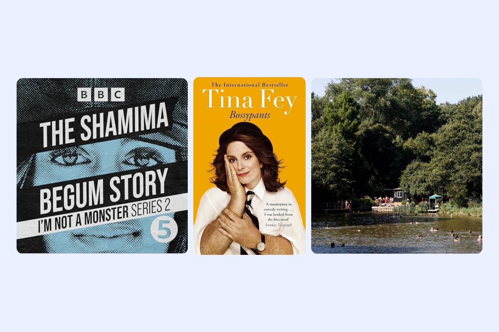 Shazia Mirza's recommendations (from left): I'm not a Monster Series 2 podcast, Bossypants by Tina Fey, Hampstead Heath
