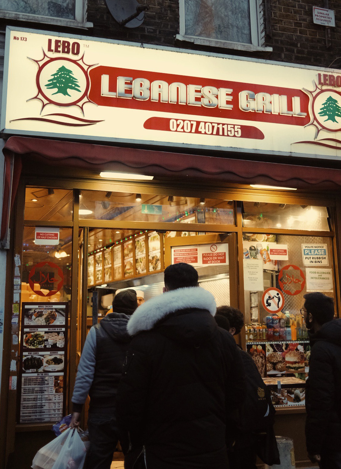 Photograph of customers outside Lebo Lebanese Grill, New Kent Road, London. 