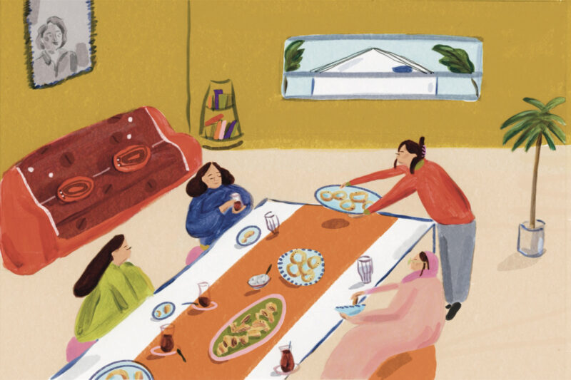 Illustration depicting four women sitting around a table eating and drinking.
