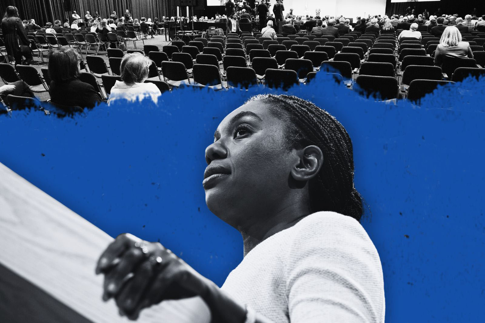 Empty seats at the Conservative party conference on Tuesday 7 October (above); Kemi Badenoch speaking at the event the following day