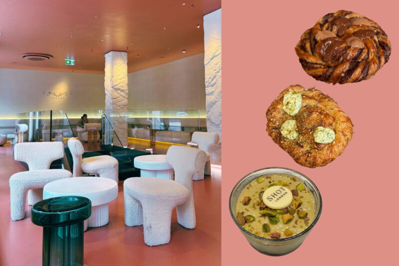 Voyage Lounge interior, along with (from top right) its chocolate babka and za’atar halloumi pretzel, plus Shot London's pistachio cheesecake.