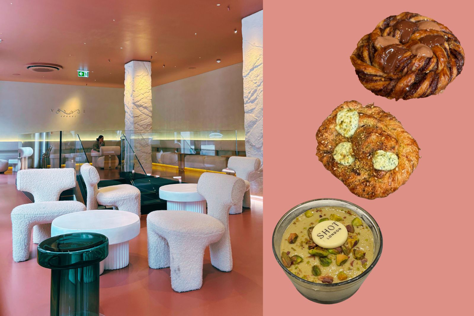 Voyage Lounge interior, along with (from top right) its chocolate babka and za’atar halloumi pretzel, plus Shot London's pistachio cheesecake.
