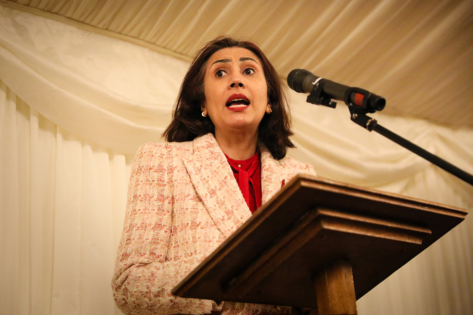 Baroness Shaista Gohir speaks at a lectern
