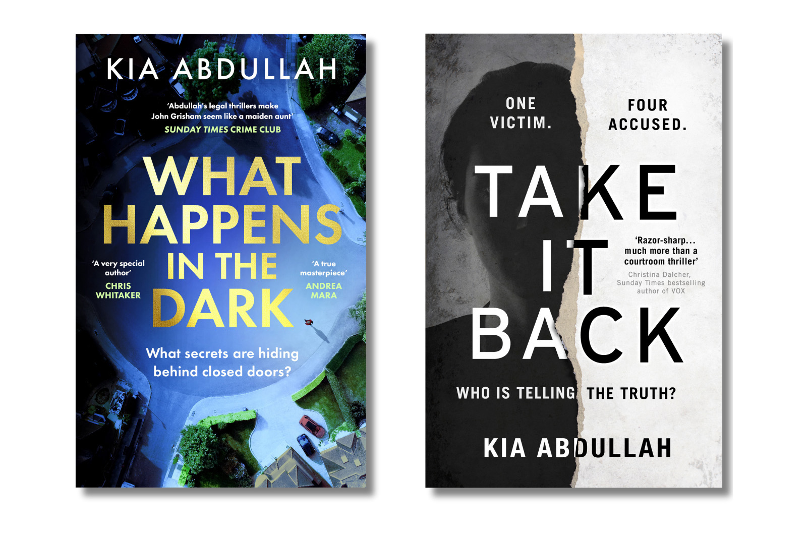 Kia Abdullah's crime novels What Happens in the Dark and Take It Back.