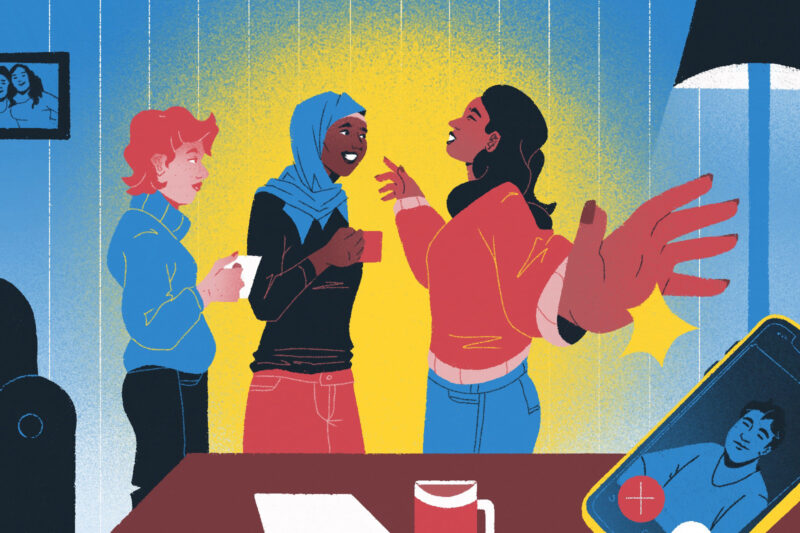 Illustration for column about cuffing season and choosing friends and family over dating apps