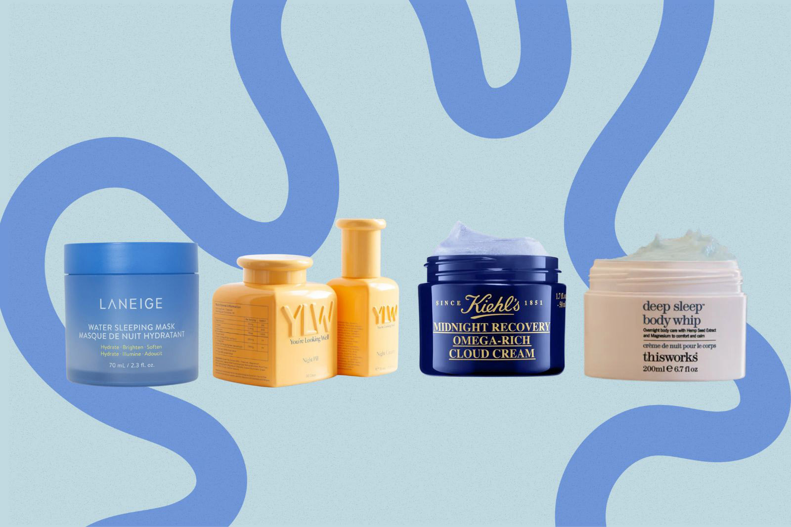 Products from left to right: Laneige Water Sleeping Mask, You're Looking Well Night Pill and Night Cream, Kiehl's Midnight Recovery Cloud Cream, This Works Deep Sleep Body Whip