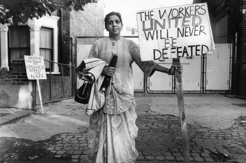 Jayaben Desai, treasurer of the Grunwick strike, on the picket line in August 1977