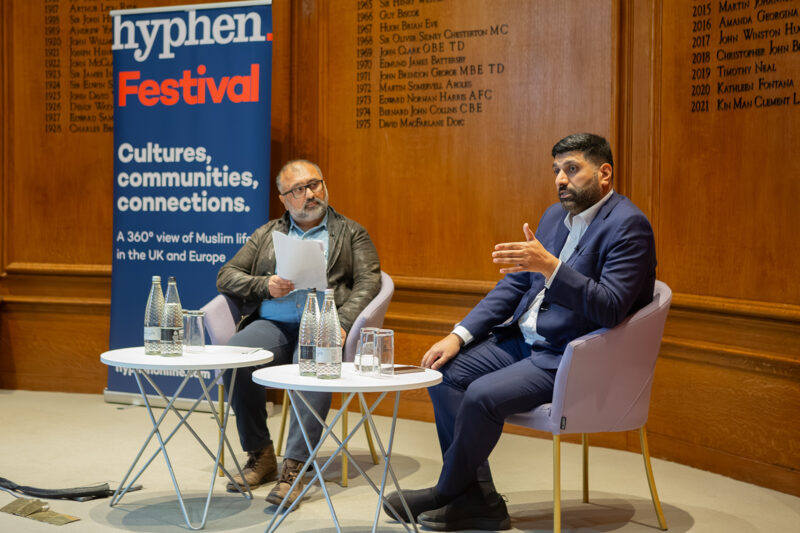Hyphen editor in chief Burhan Wazir (left) and Lord Wajid Khan on stage at Hyphen Festival 2025