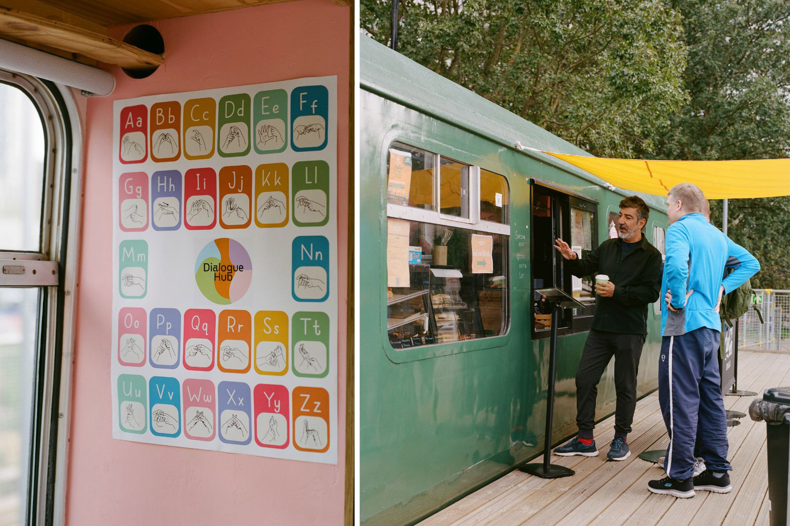 Poster inside the Dialogue Express Cafe (left), owner Hakan Elbir interacting with a customer as they order