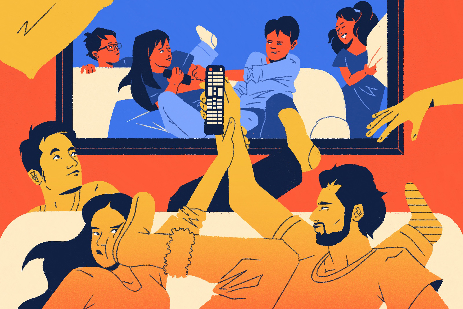 Illustration for Hyphen by Driss Chaoui. Illustration shows siblings squabbling over the remote control, sitting on a sofa.