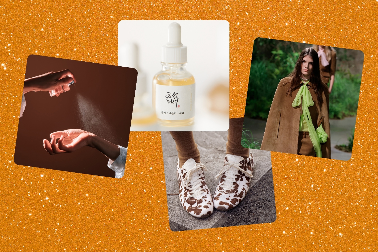 Perfume, Beauty of Joseon Glow Serum, cow print trainers, pistachio green on the runway of the Gucci Cruise 2025 fashion show