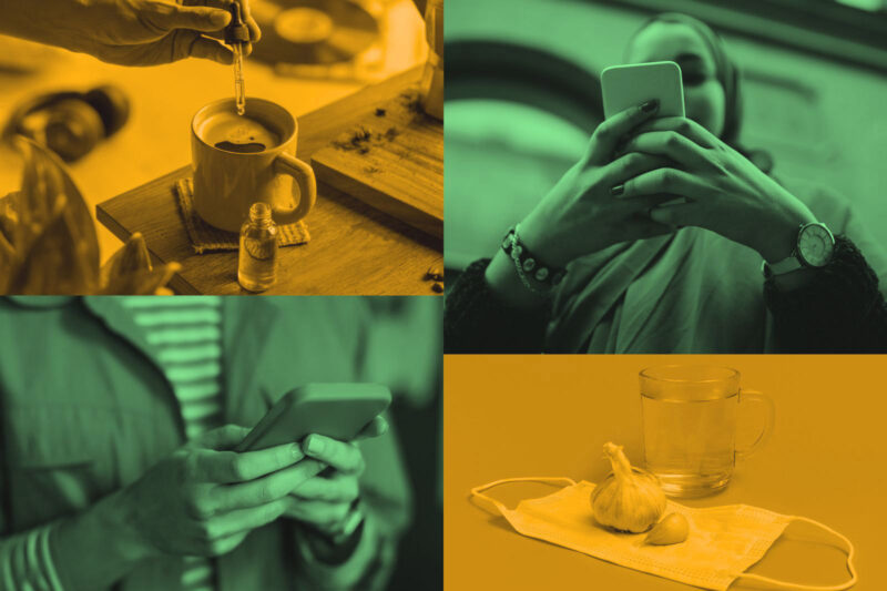Composite image: top left: Man dropping CBD oil or Cannabis oil into a coffee cup while relaxing at home - stock photo top right: Low angle view of young woman using smart phone against building in city bottom left: Shot of an unrecognizable woman using a mobile phone indoor bottom right: Coronavirus health myths concept, garlic, hot water, medical face mask on blue background with copy space