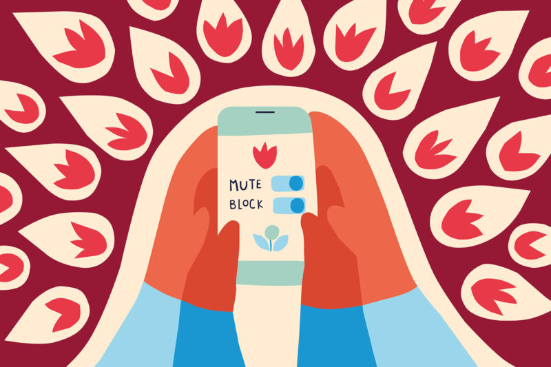 Illustration of hands holding mobile phone for column about protecting your children from anti-Muslim online content