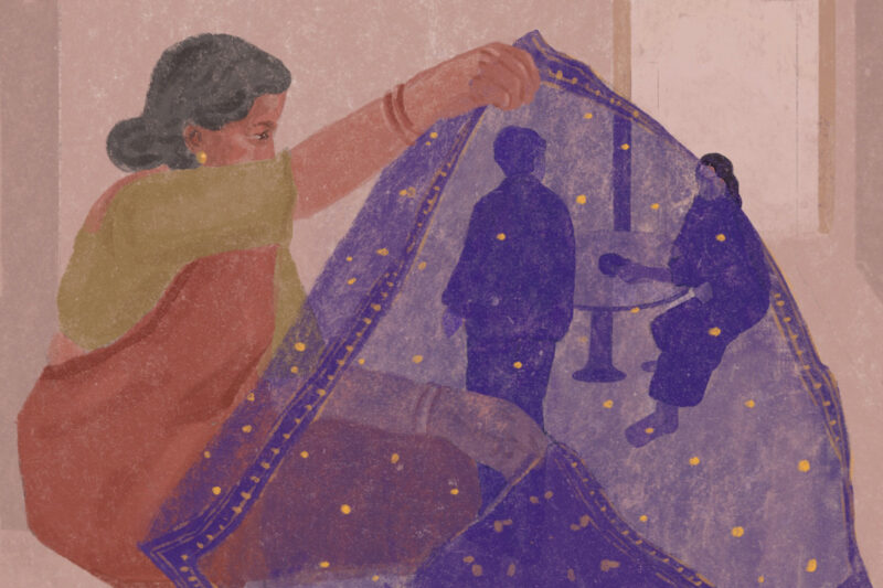 Illustration for Family Trees article about a Muslim trans man and his girlfriend living with his religious parents