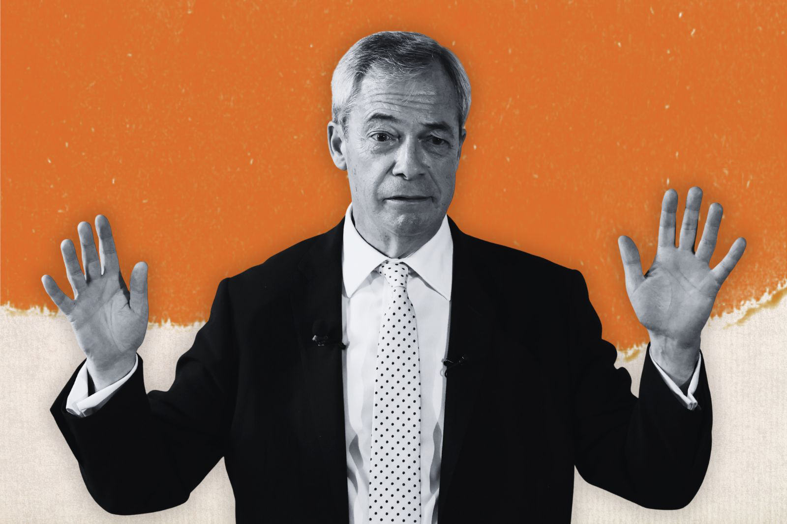 Nigel Farage, pictured in greyscale, holds his hands aloft against an orange background.