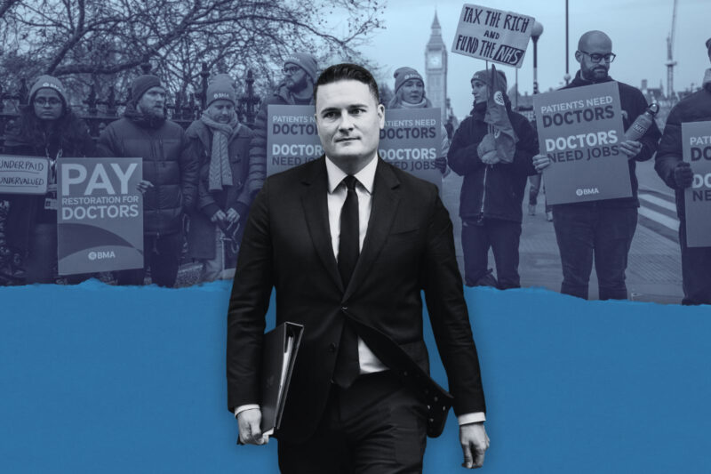 Health secretary Wes Streeting, (background) striking resident doctors on the picket line, 17 December 2025
