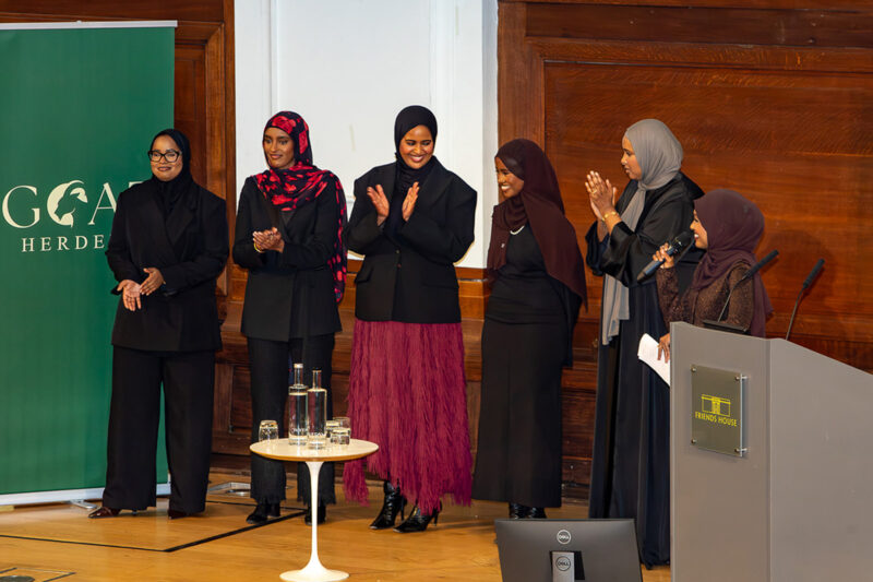 Goat Herders finalists (from left) Nadia Maalim, Samira Musse and Mouna Bilan (Karti), Samira Issa (Hiddenly co-founder) and Dr Amina Hersi (PolyBiotics); host Rukia Bulle