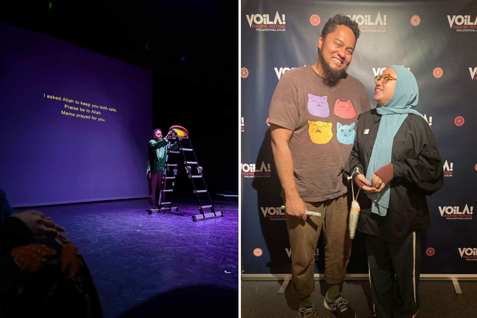 Two photographs. On the left is taken from the Mendakii performance at The Cockpit theatre. And the right is a photograph of theatre duo Faizal Abdullah and Nur Khairiyah Ramli