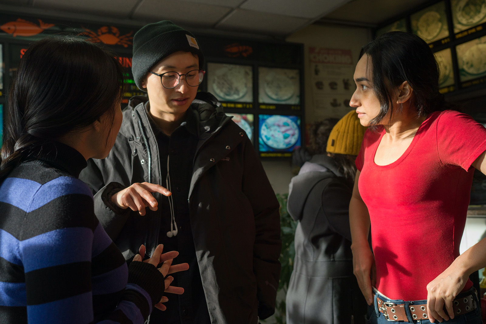 Director Bing Liu and actor Sebiye Behtiyar on the set of Preparation for the Next Life