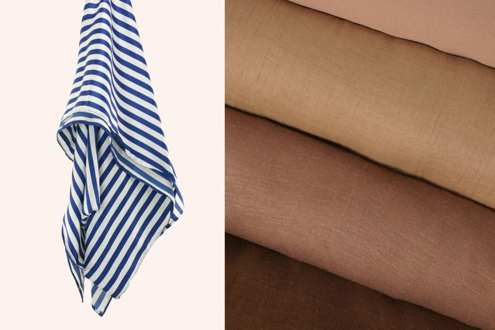 Amyra London blue and white satin hijab (left), selection of nude brown fabrics