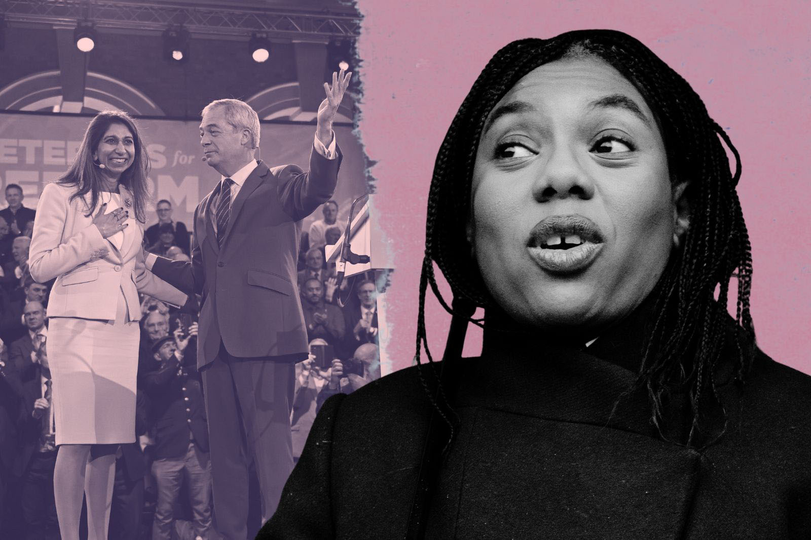 Reform UK leader Nigel Farage with Tory defector Suella Braverman at a press conference on 26 January 2026; Kemi Badenoch