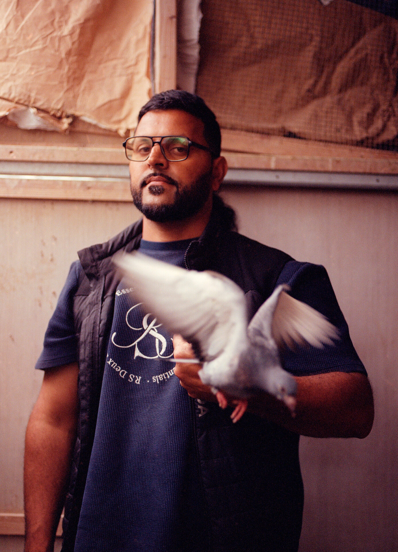 Massy Ali stands inside his loft, as one of his birds takes flight from his hand.
