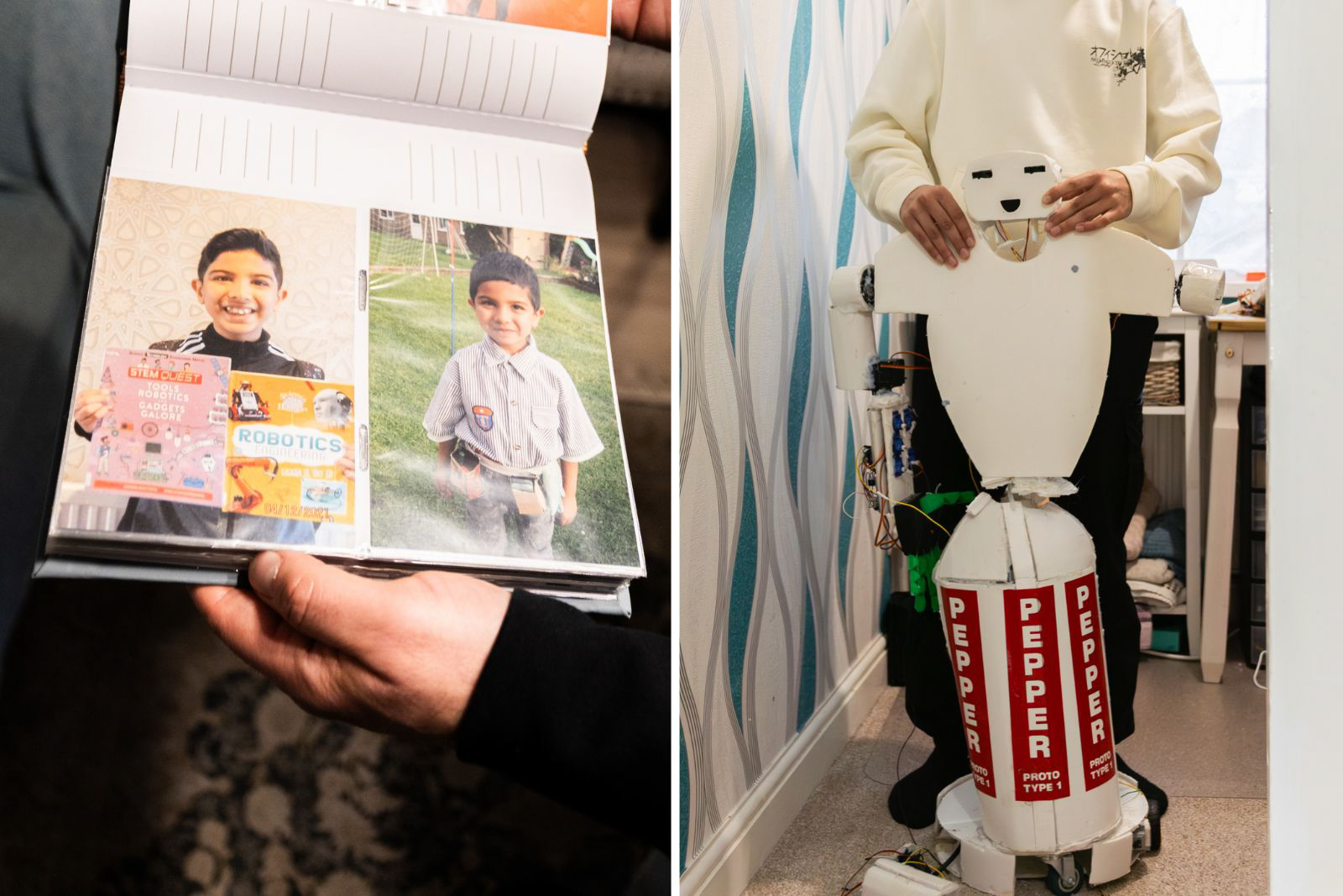A family photo album showing Suleymaan Khan winning robotics prizes as a young child; and (right) with Pepper, his first humanoid butler robot