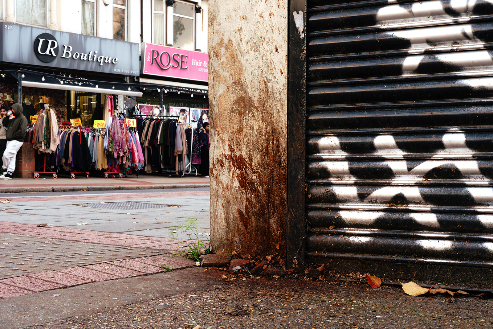 Paan leaf spit stains on the corner of Green Street, Newham