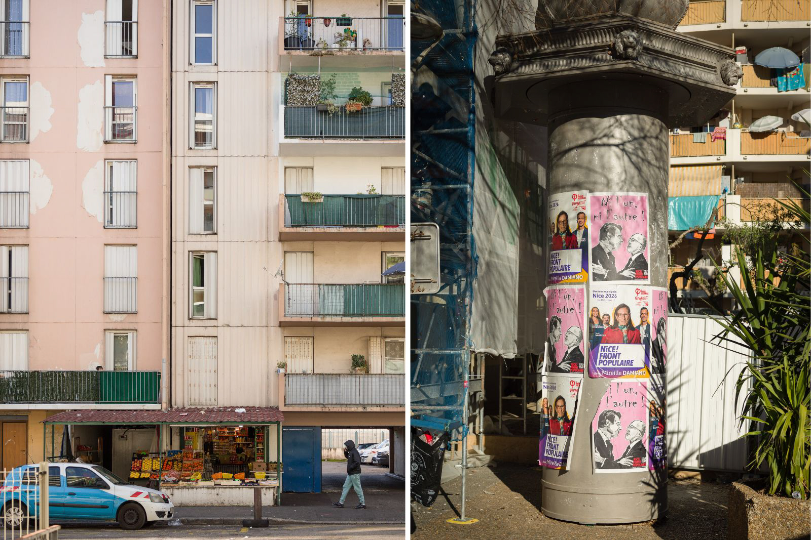 A split view of six storeys of a building (left) with flaking paint and (right) pink and white posters on a pillar. Some read 'Nice! Front Populaire'