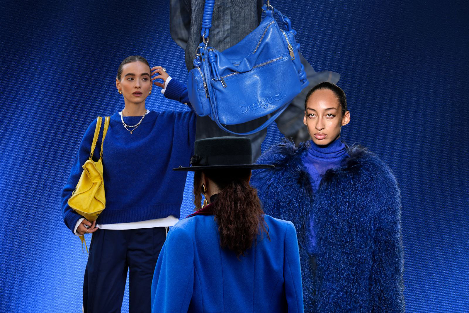 A composite image featuring four fashion models, with (clockwise from top) a cobalt blue holdall, coat, jacket and sweater