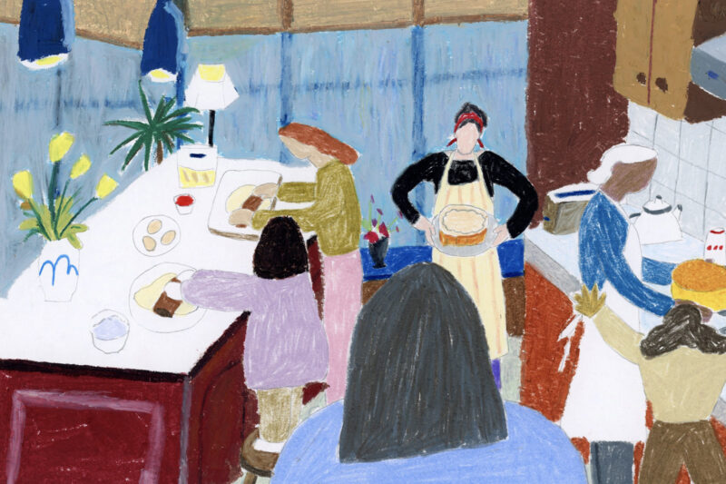 Illustration of various female figures in a kitchen making food.