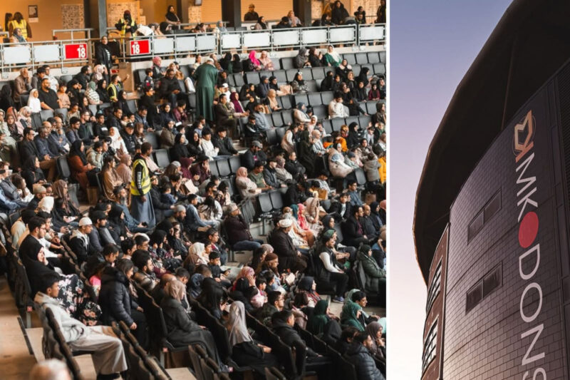 On the left is a photograph showing attendees at Mubarak Moments' 2025 Great Iftar, which was held at Stadium MK (pictured on the right), the home of the MK Dons football club The 2025 Grand Iftar event (left) organised by Mubarak Moments also took place at Stadium MK (right), home of the MK Dons football club.