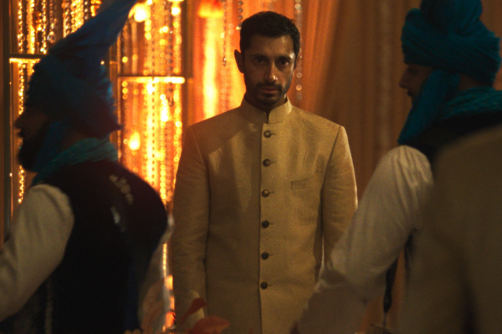 A still image showing actor Riz Ahmed in costume in a scene from the film Hamlet