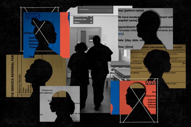 A collage of silhouettes in profile, each against a generic NHS letter template. In the centre, two full-length silhouettes of people in a hospital corridor are seen