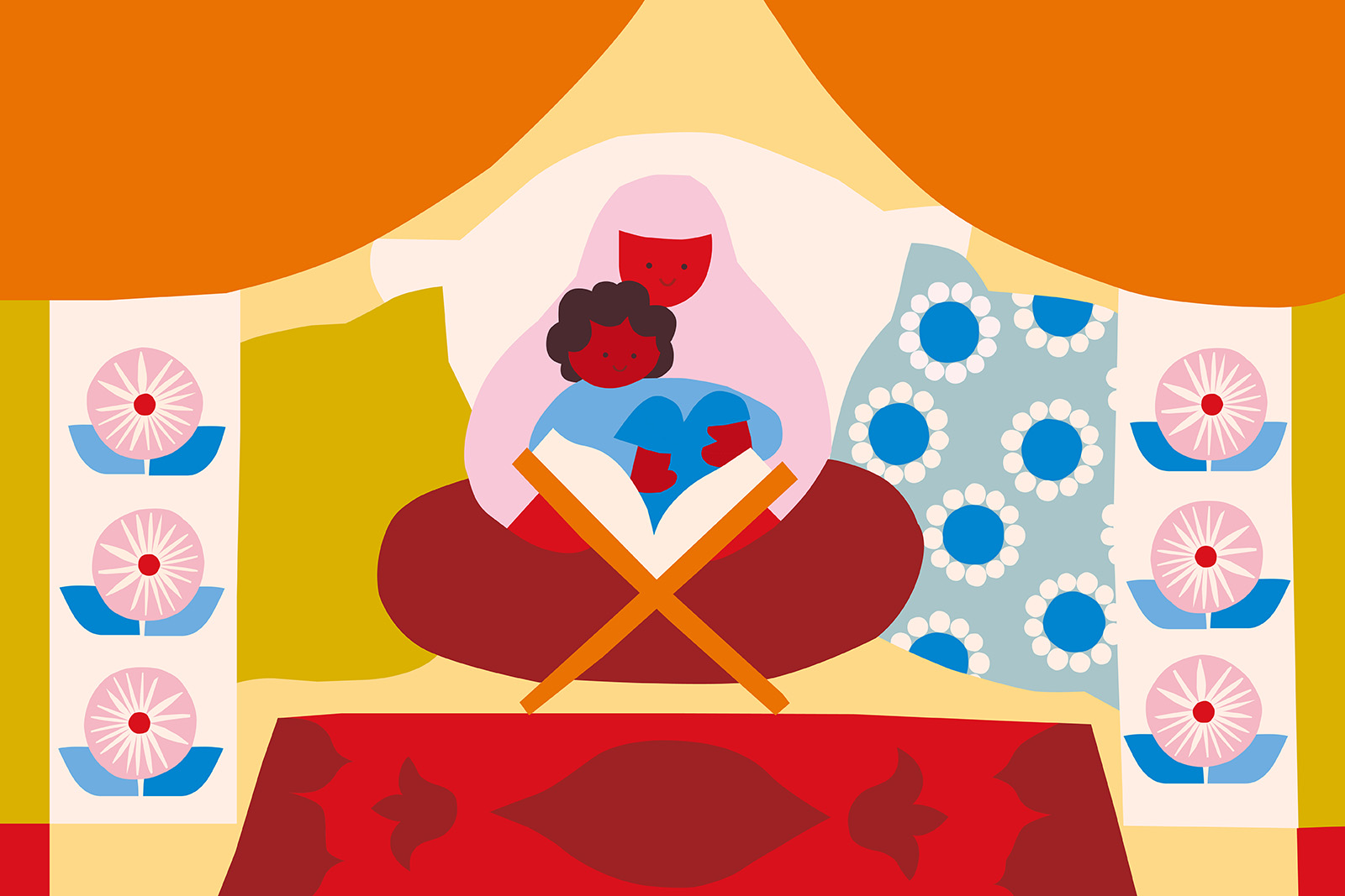 An illustration depicting a mother and child reading a book, for a parenting column about how to get your kids to fall in love with the Qu'ran during Ramadan