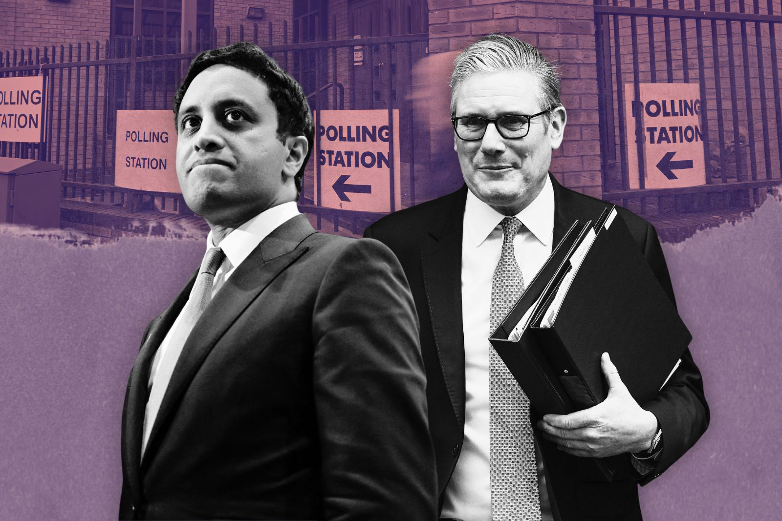 A composite image featuring photographs of Reform UK's Zia Yusuf (left) and Keir Starmer (right), against a backdrop of another photograph taken outside a polling station with signs telling people where to go to vote